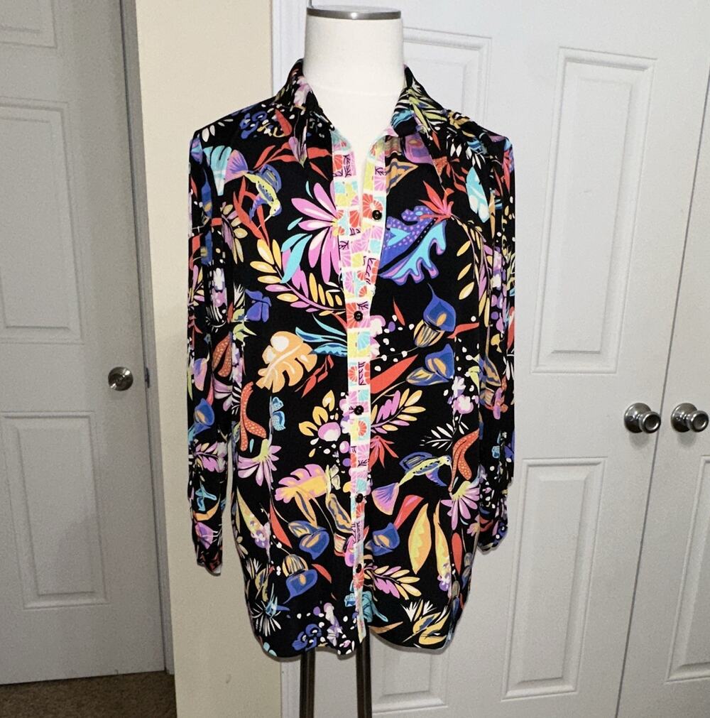 Susan Graver XL Black/Multicolor Floral Button-Front Collared Blouse